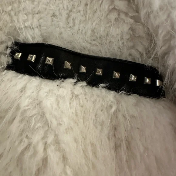 White Faux Fur Bomber Jacket with Studded Zip Front - Picture 10 of 10